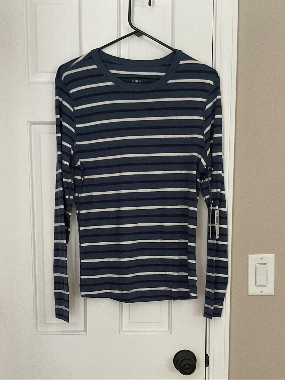 Three Dots Blue and White Striped Crewneck Tee